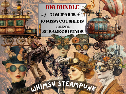 Whimsy Steampunk Collage Elements, Surreal Modern Steampunk Fussy Cut, Quirky Woman Clipart, Whimsical Junk Journal, Mixed Media Art Sheet