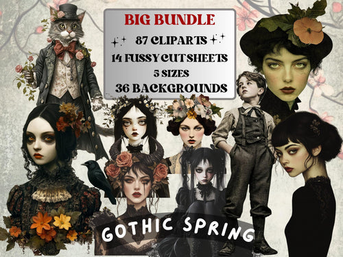 Gothic Spring Collage Elements, Whimsical Surreal Spring Fussy Cut, Dark Fantasy Floral Clipart, Weird Junk Journal, Clipart Background
