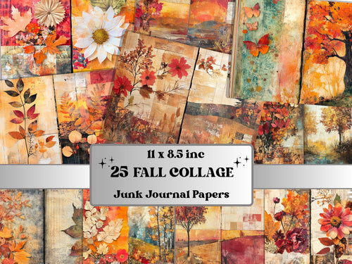 Fall Collage Mixed Media Paper, Autumn Pages Ephemera Kit, Whimsical Fall Textures Collage Scrapbook Paper, Printable Autumn Double Pages