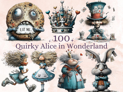 Quirky Alice in Wonderland Clipart: Whimsical Tea Party PNG Bundle, Fairytale Ephemera Digital Download, Commercial Use