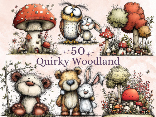 Quirky Woodland Clipart Bundle, Whimsical Forest Floral PNG Illustrations (Digital Download, Commercial Use)