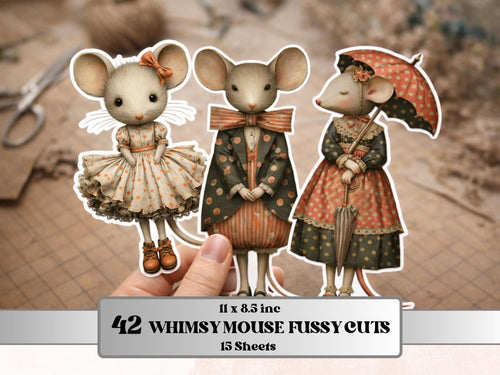 Quirky Mice Fussy Cut, 36 Whimsical Cottage Mouse Cutouts, Victorian Ephemera Junk Journal Scrapbook Sheets, Printable Paper Dolls
