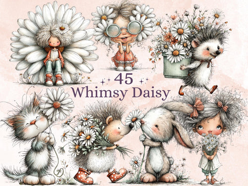 Daisy Clipart Bundle | 45 Whimsical Quirky Daisy PNG | Summer Flower Digital Download