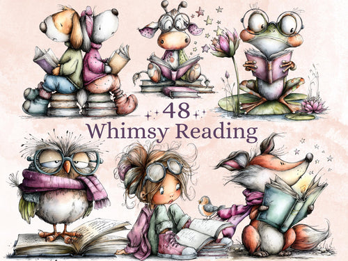 Fantasy Reading Clipart | 48 Whimsical Quirky Reading Animals PNG | Book Lover Digital Download