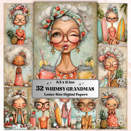 Whimsy Grandmas Digital Paper Pack | Quirky Funny Old Lady Junk Journal Scrapbook Printable, 32 Sheets Letter Size Instant Download
