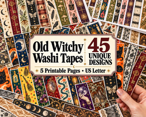 Printable Witchy Washi Tape – 45 Vintage Halloween Washi Strips for Junk Journal