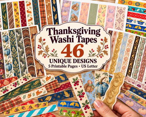 Printable Thanksgiving Washi Tape – 46 Fall Harvest Washi Strips for Junk Journal