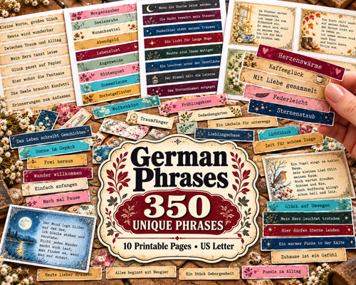 German Phrases for Junk Journal – 350 Printable Vintage Word Strips