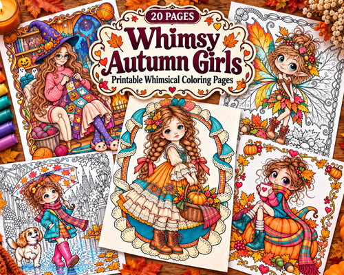 Autumn Girls Coloring Pages, 20 Printable Whimsical Fall Coloring Sheets, Fantasy Girls with Leaves and Pumpkins, PDF Download