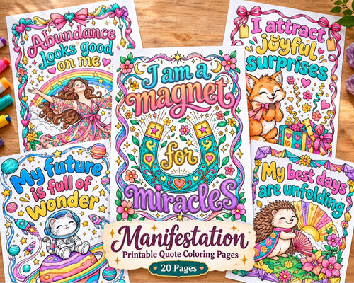 Manifestation Coloring Pages, 20 Printable Affirmation Quote Coloring Sheets, Positive Self Care Coloring for Adults, PDF Download