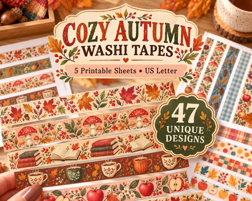Printable Autumn Washi Tape – 47 Cozy Fall Washi Strips for Junk Journal
