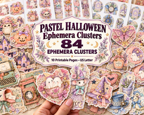 Pastel Halloween Ephemera Clusters – 84 Printable Pink Spooky Snippets for Junk Journal