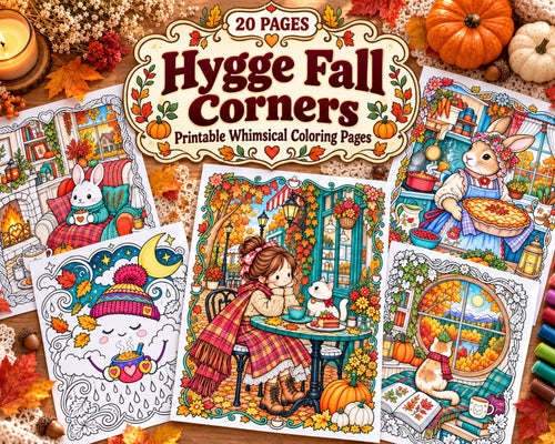 Hygge Coloring Pages, 20 Printable Cozy Fall Corner Coloring Sheets, Autumn Interiors and Snug Spaces, PDF Download