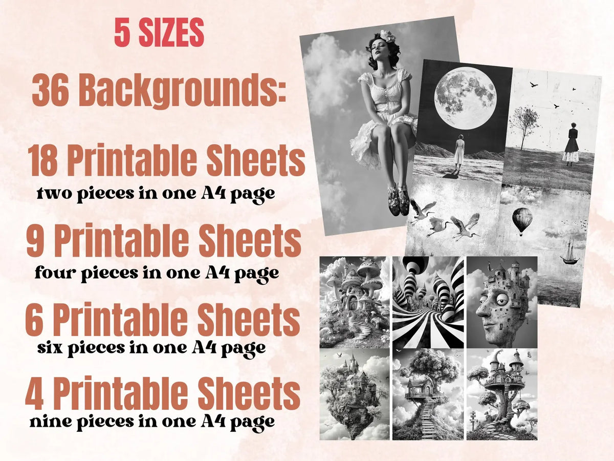Whimsy Black White Collage Elements, Whimsical Surreal Black White Fussy Cut, Quirky Weird Clipart, Woodland Journal, Clipart Background Set