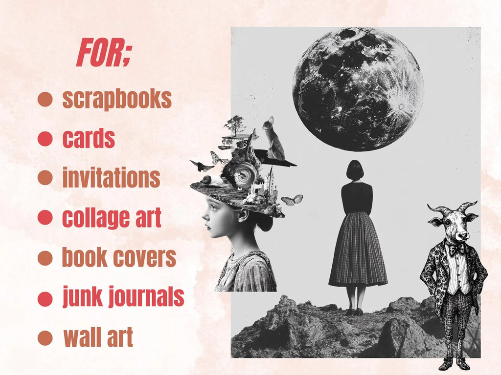 Whimsy Black White Collage Elements, Whimsical Surreal Black White Fussy Cut, Quirky Weird Clipart, Woodland Journal, Clipart Background Set