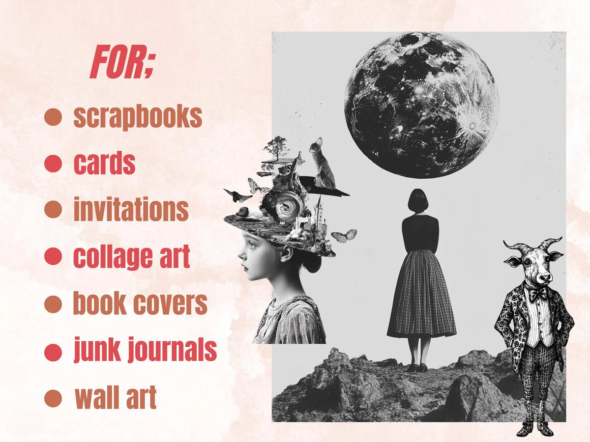 Whimsy Black White Collage Elements, Whimsical Surreal Black White Fussy Cut, Quirky Weird Clipart, Woodland Journal, Clipart Background Set
