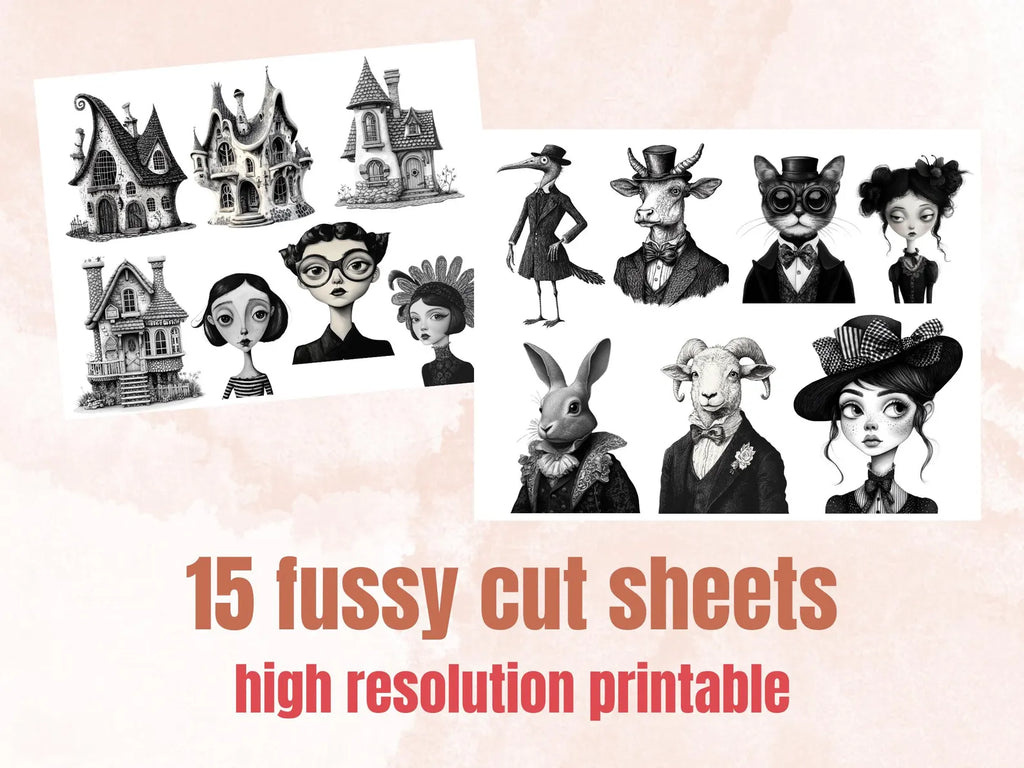 Whimsy Black White Collage Elements, Whimsical Surreal Black White Fussy Cut, Quirky Weird Clipart, Woodland Journal, Clipart Background Set