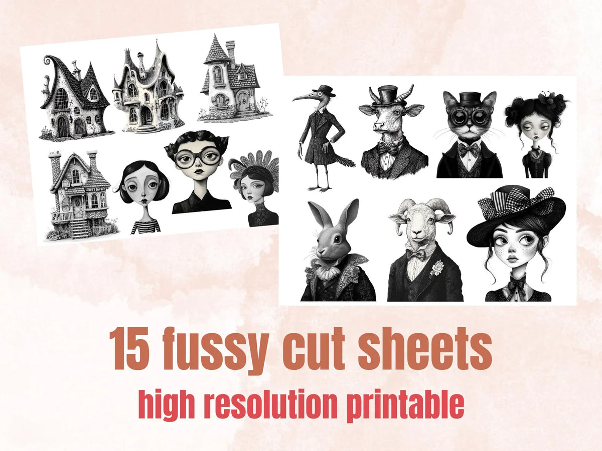 Whimsy Black White Collage Elements, Whimsical Surreal Black White Fussy Cut, Quirky Weird Clipart, Woodland Journal, Clipart Background Set