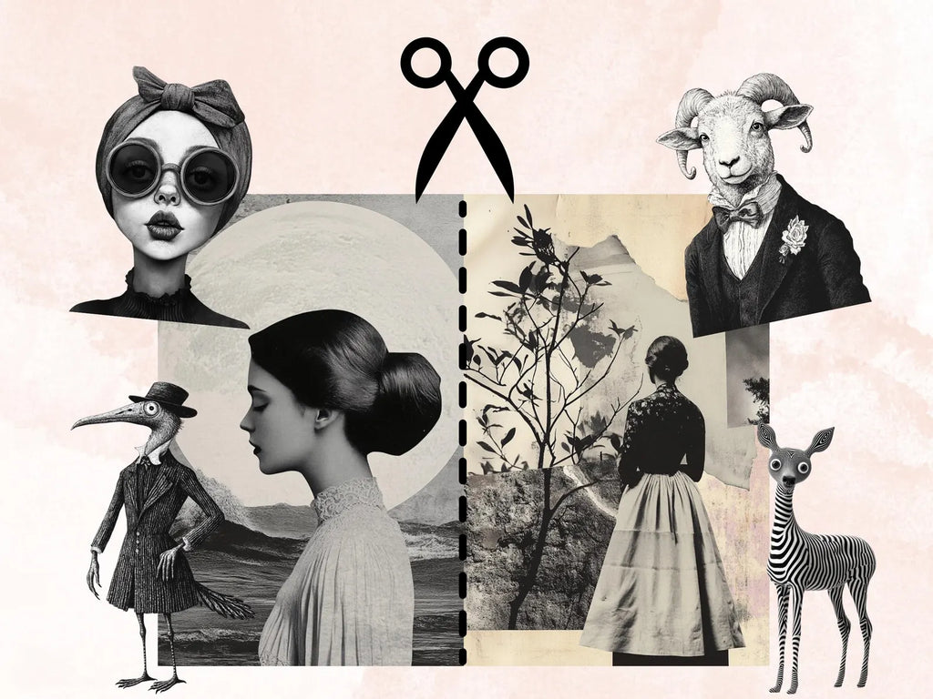 Whimsy Black White Collage Elements, Whimsical Surreal Black White Fussy Cut, Quirky Weird Clipart, Woodland Journal, Clipart Background Set