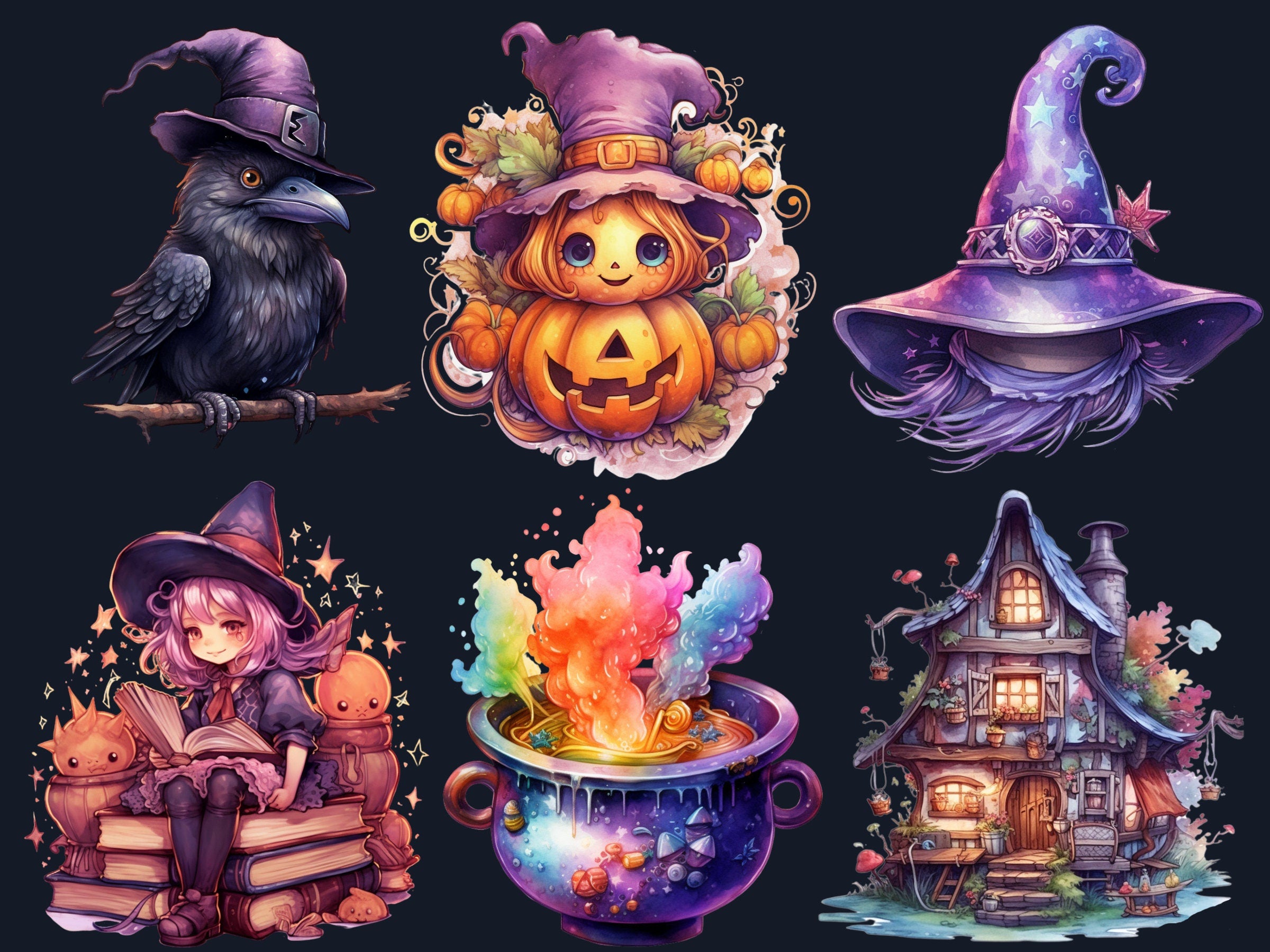 40 PNG Watercolor Kawaii Witch Clipart, Cute Witchcraft Clip art, witch clip art png, magic clip art, Fantasy Witch Bundle, witchcraft png