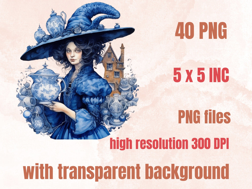 40 PNG Watercolour Delft Blue Witch Clipart, Witchcraft Clip art, witch clip art png, magic clip art, Halloween Witch Bundle, witchcraft png