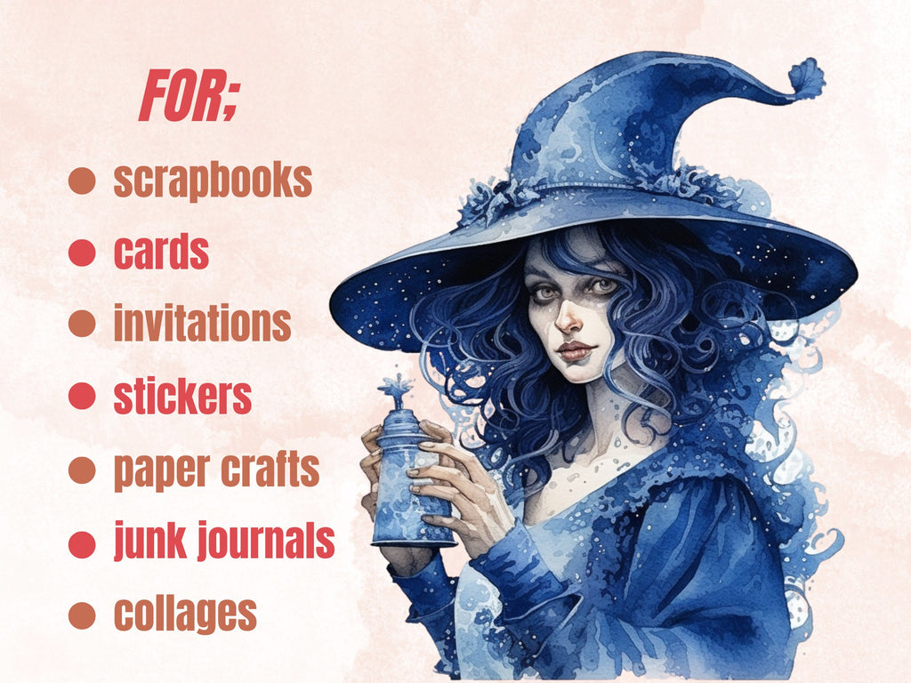 40 PNG Watercolour Delft Blue Witch Clipart, Witchcraft Clip art, witch clip art png, magic clip art, Halloween Witch Bundle, witchcraft png