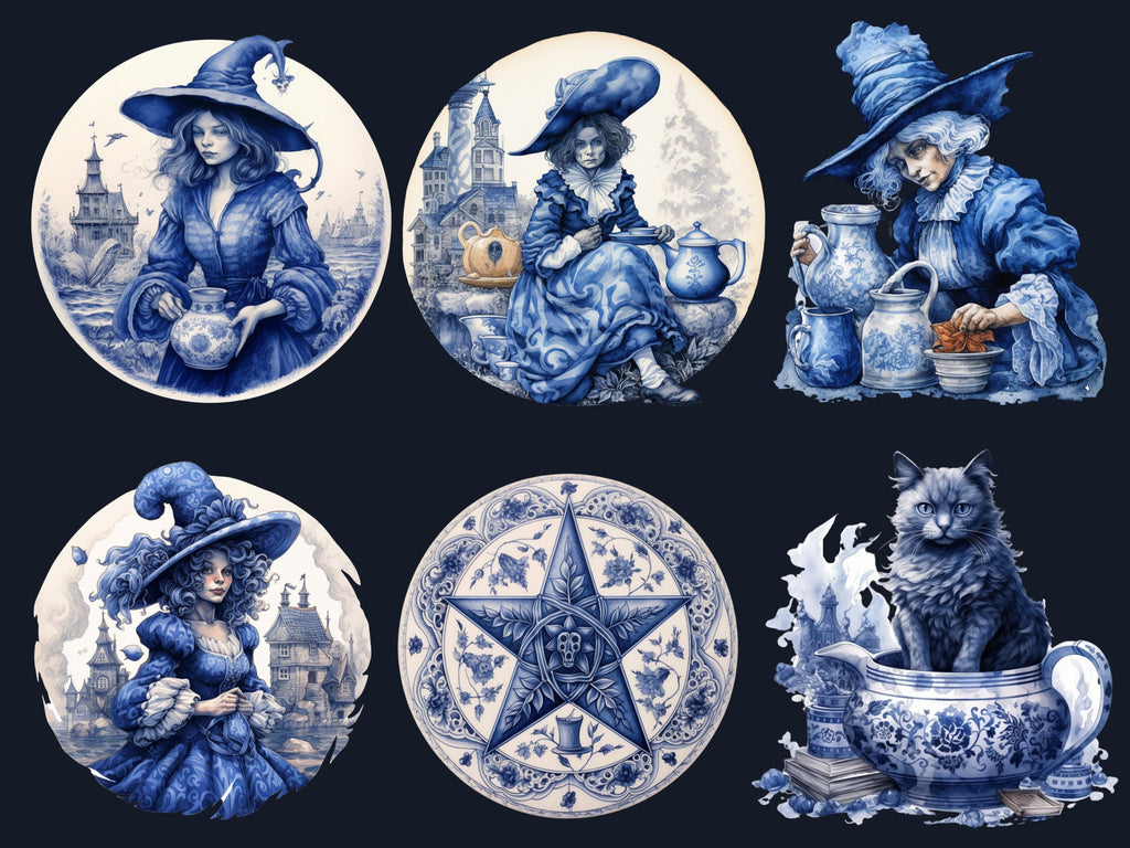 40 PNG Watercolour Delft Blue Witch Clipart, Witchcraft Clip art, witch clip art png, magic clip art, Halloween Witch Bundle, witchcraft png