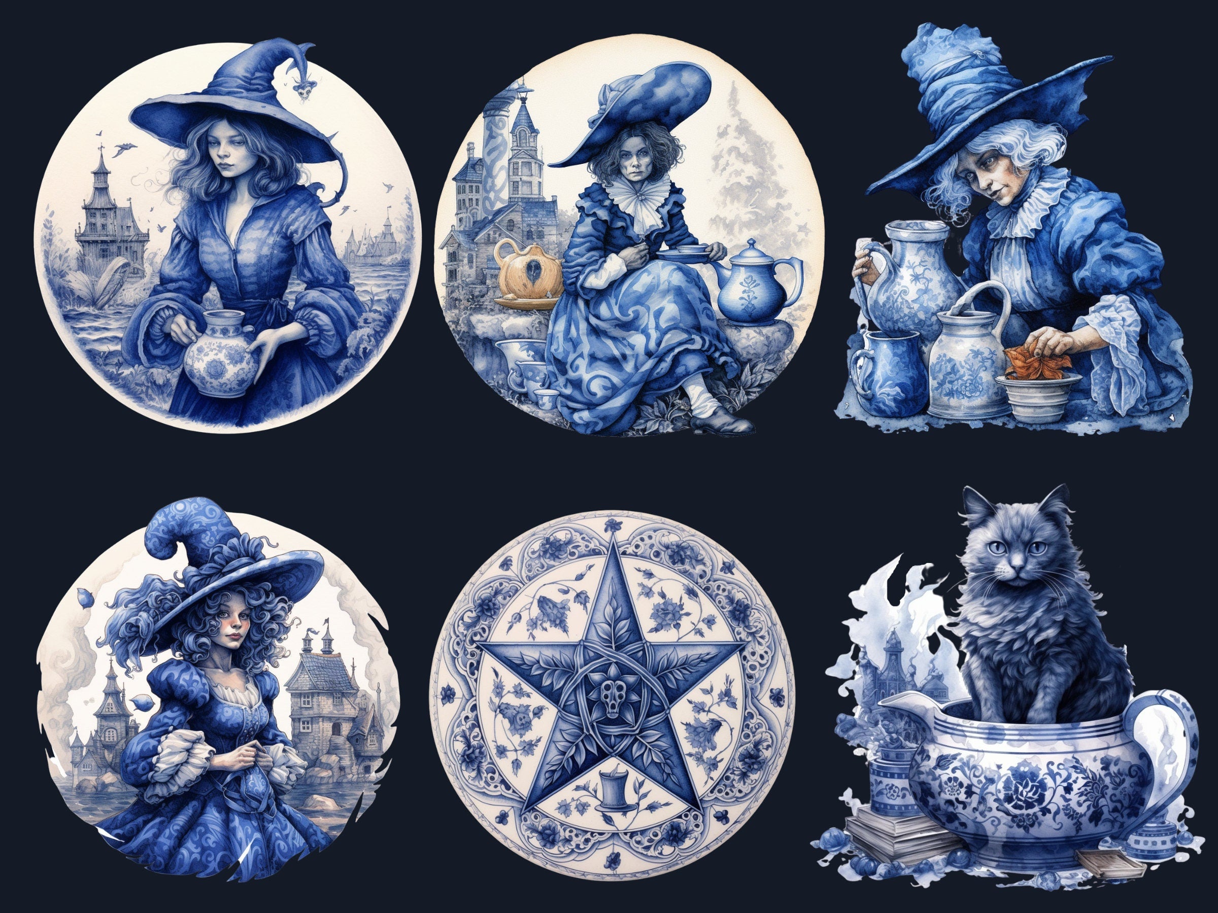 40 PNG Watercolour Delft Blue Witch Clipart, Witchcraft Clip art, witch clip art png, magic clip art, Halloween Witch Bundle, witchcraft png