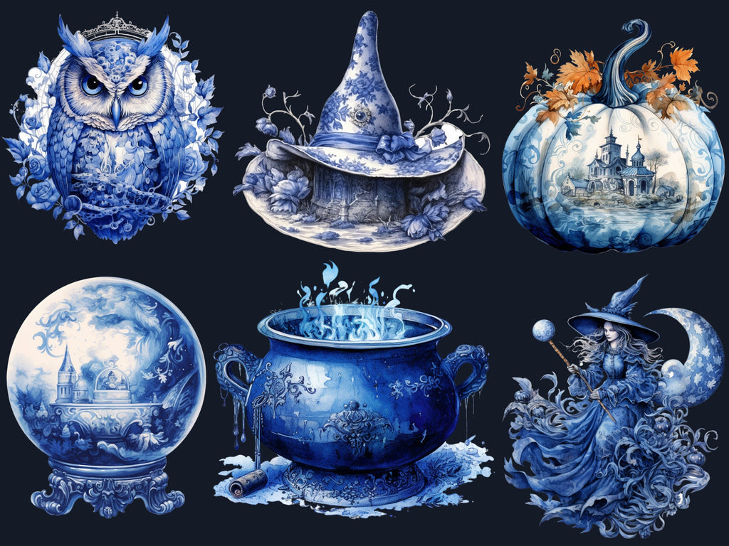 40 PNG Watercolour Delft Blue Witch Clipart, Witchcraft Clip art, witch clip art png, magic clip art, Halloween Witch Bundle, witchcraft png