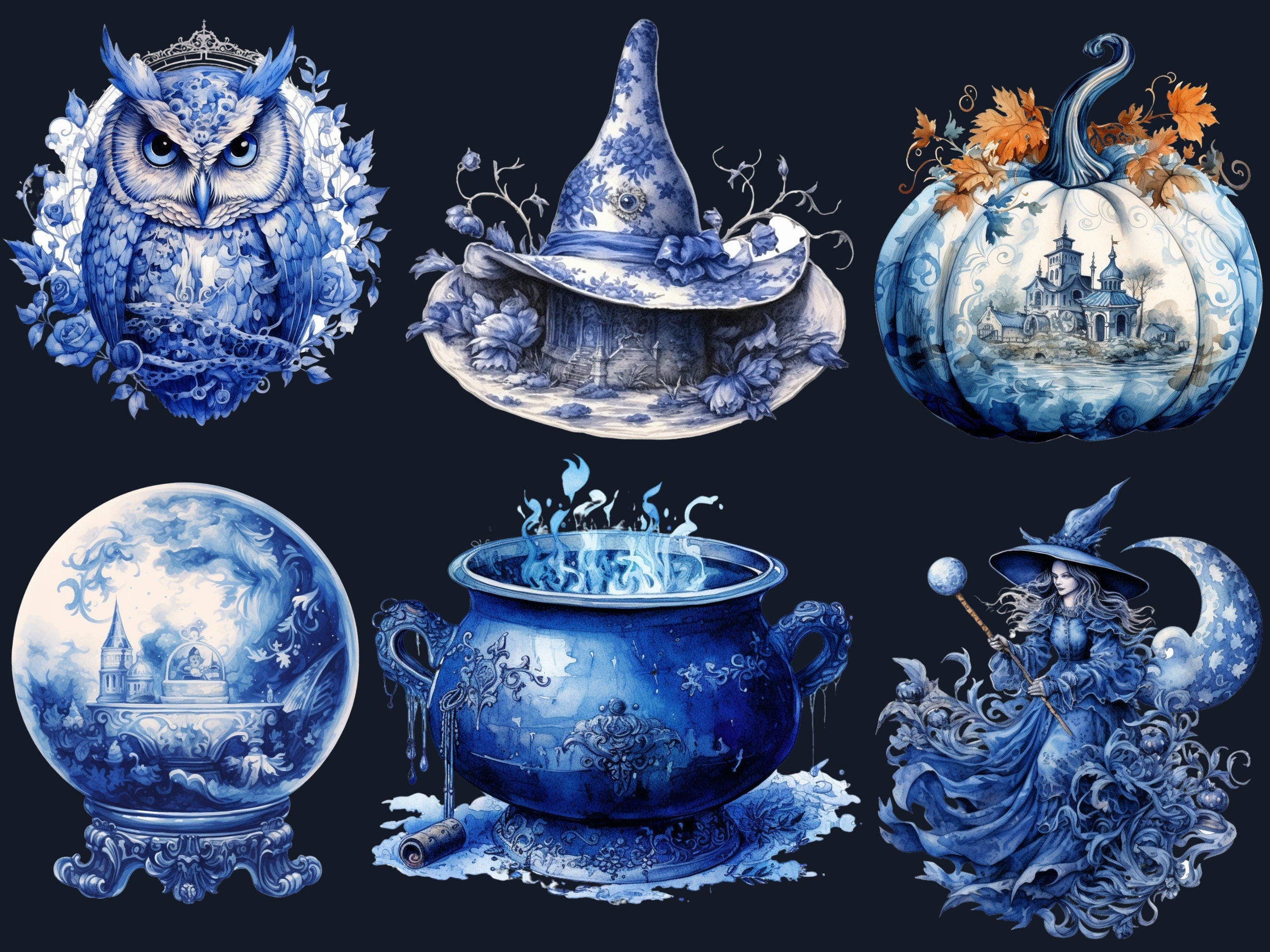 40 PNG Watercolour Delft Blue Witch Clipart, Witchcraft Clip art, witch clip art png, magic clip art, Halloween Witch Bundle, witchcraft png
