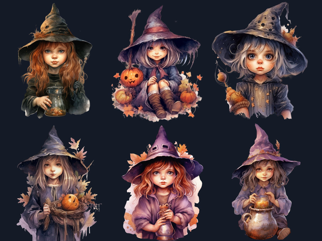 25 PNG Watercolor Cute Little Witches Clipart, Witchcraft Clip art, witch clip art png, magic clip art, Halloween Witch, witchcraft png