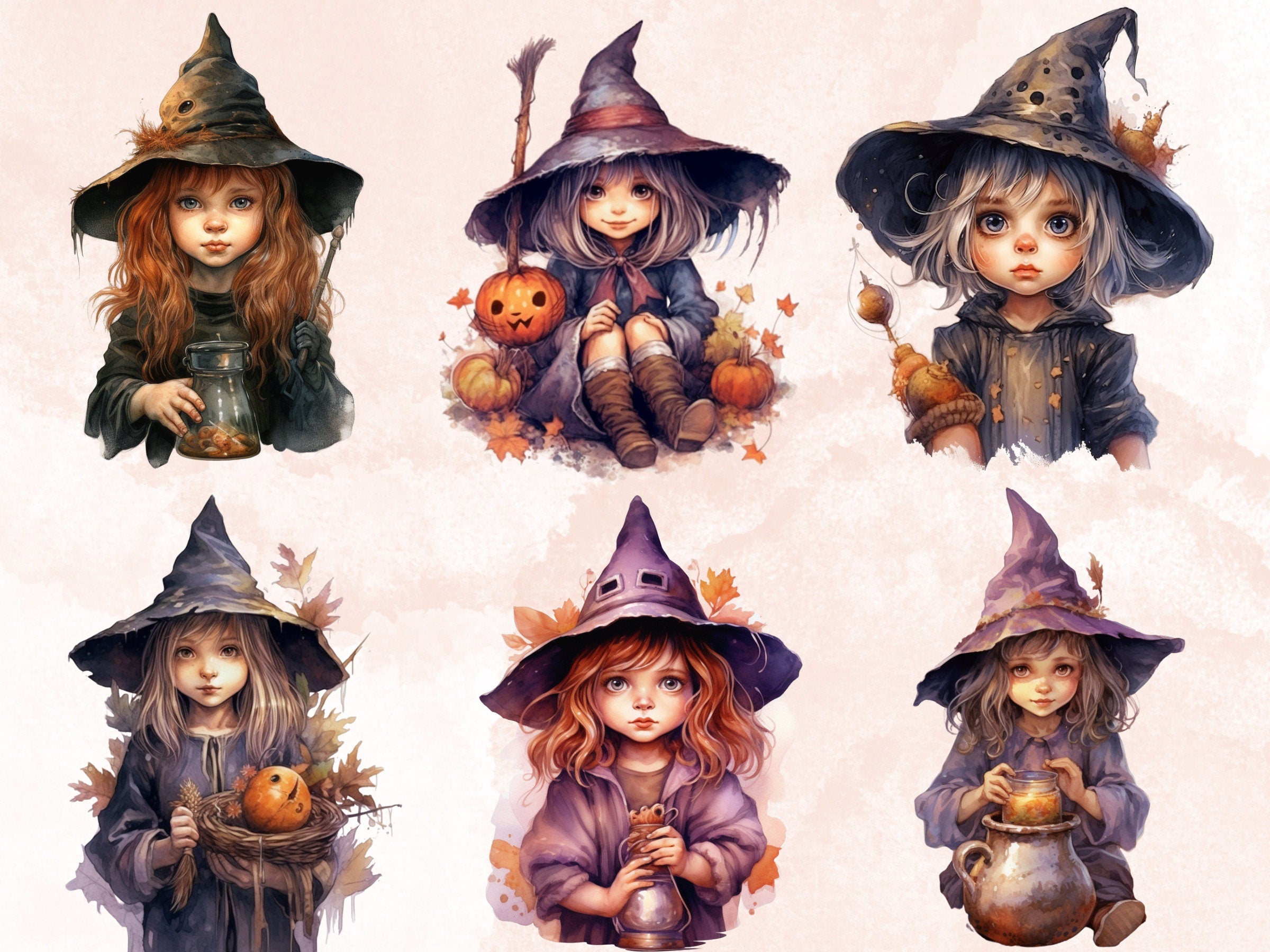 25 PNG Watercolor Cute Little Witches Clipart, Witchcraft Clip art, witch clip art png, magic clip art, Halloween Witch, witchcraft png