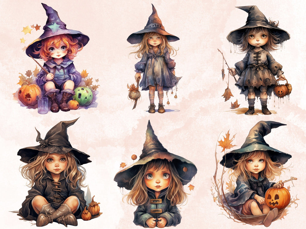 25 PNG Watercolor Cute Little Witches Clipart, Witchcraft Clip art, witch clip art png, magic clip art, Halloween Witch, witchcraft png
