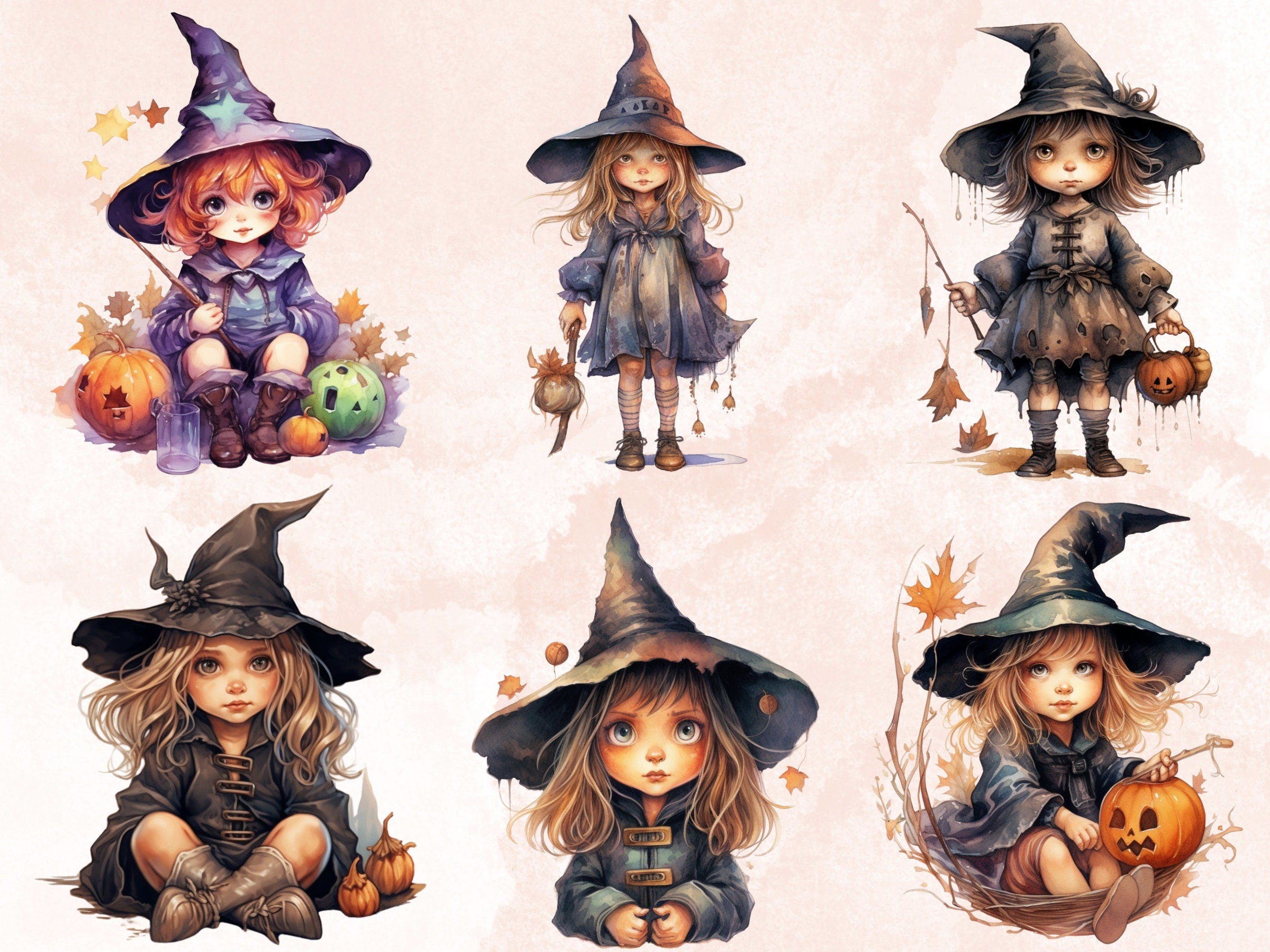 25 PNG Watercolor Cute Little Witches Clipart, Witchcraft Clip art, witch clip art png, magic clip art, Halloween Witch, witchcraft png