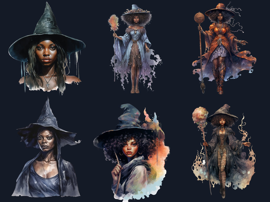 25 PNG Watercolor Black Girl Witches Clipart, Witchcraft Clip art, Afro witch clip art png, magic clip art, African Melanin Black Woman PNG
