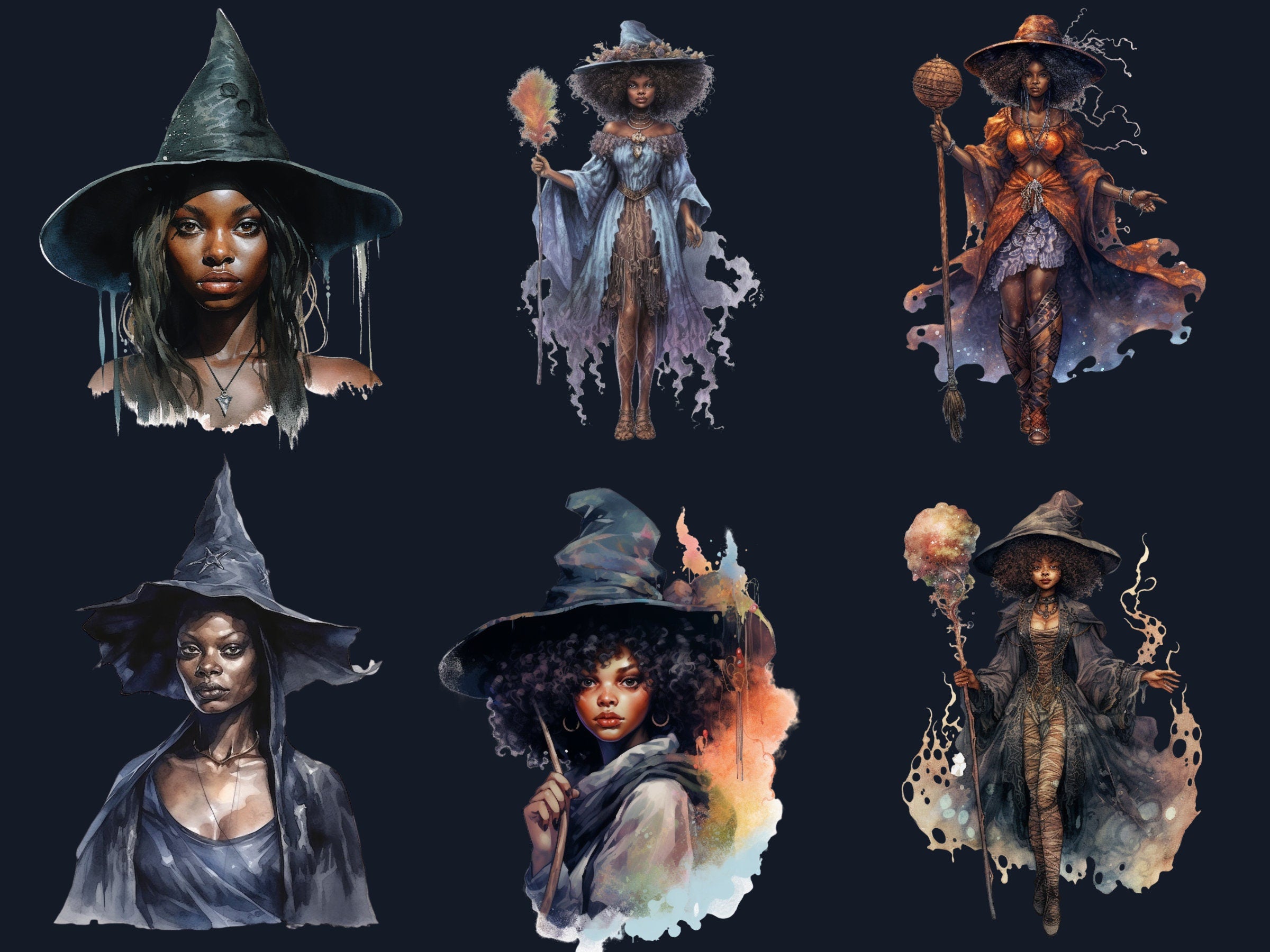 25 PNG Watercolor Black Girl Witches Clipart, Witchcraft Clip art, Afro witch clip art png, magic clip art, African Melanin Black Woman PNG