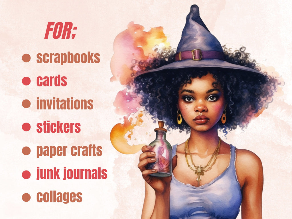 25 PNG Watercolor Black Girl Witches Clipart, Witchcraft Clip art, Afro witch clip art png, magic clip art, African Melanin Black Woman PNG