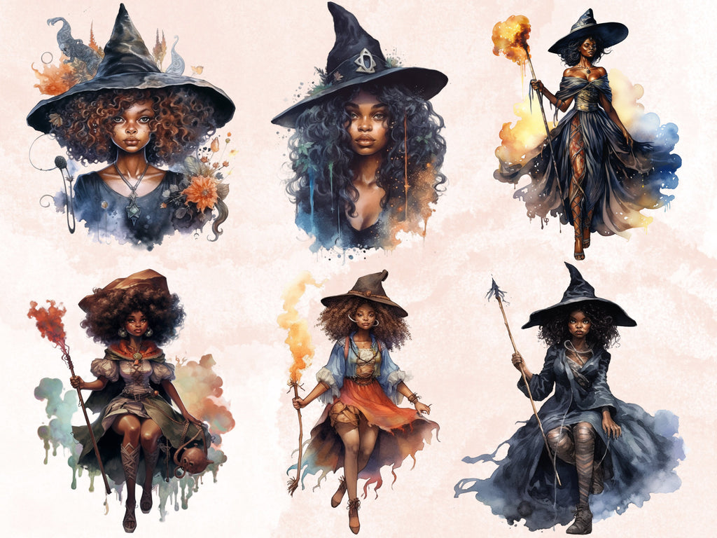 25 PNG Watercolor Black Girl Witches Clipart, Witchcraft Clip art, Afro witch clip art png, magic clip art, African Melanin Black Woman PNG