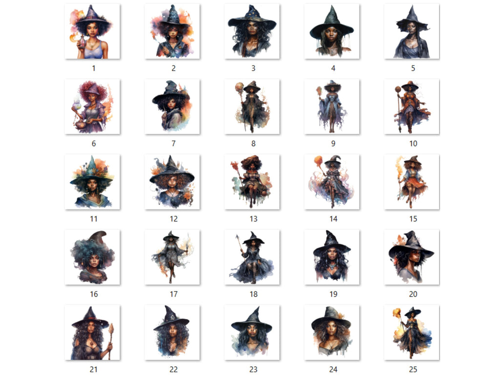 25 PNG Watercolor Black Girl Witches Clipart, Witchcraft Clip art, Afro witch clip art png, magic clip art, African Melanin Black Woman PNG