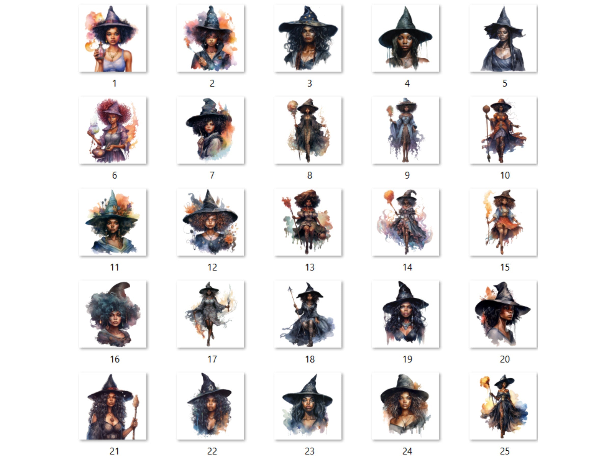 25 PNG Watercolor Black Girl Witches Clipart, Witchcraft Clip art, Afro witch clip art png, magic clip art, African Melanin Black Woman PNG