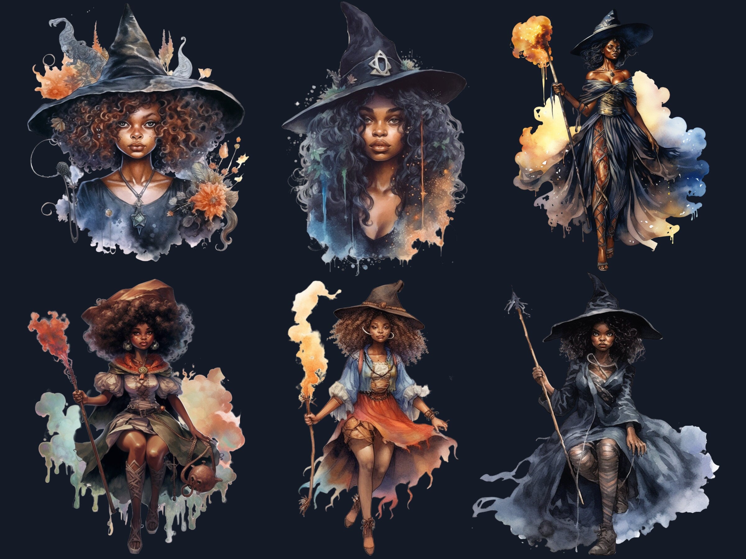 25 PNG Watercolor Black Girl Witches Clipart, Witchcraft Clip art, Afro witch clip art png, magic clip art, African Melanin Black Woman PNG
