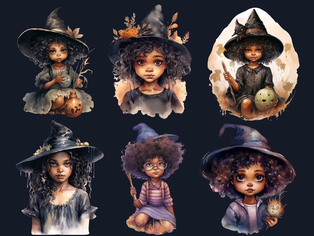 25 PNG Watercolor Little Black Girl Witches Clipart, Witchcraft Clip art, Afro witch clipart png, African American Melanin Black Kids PNG