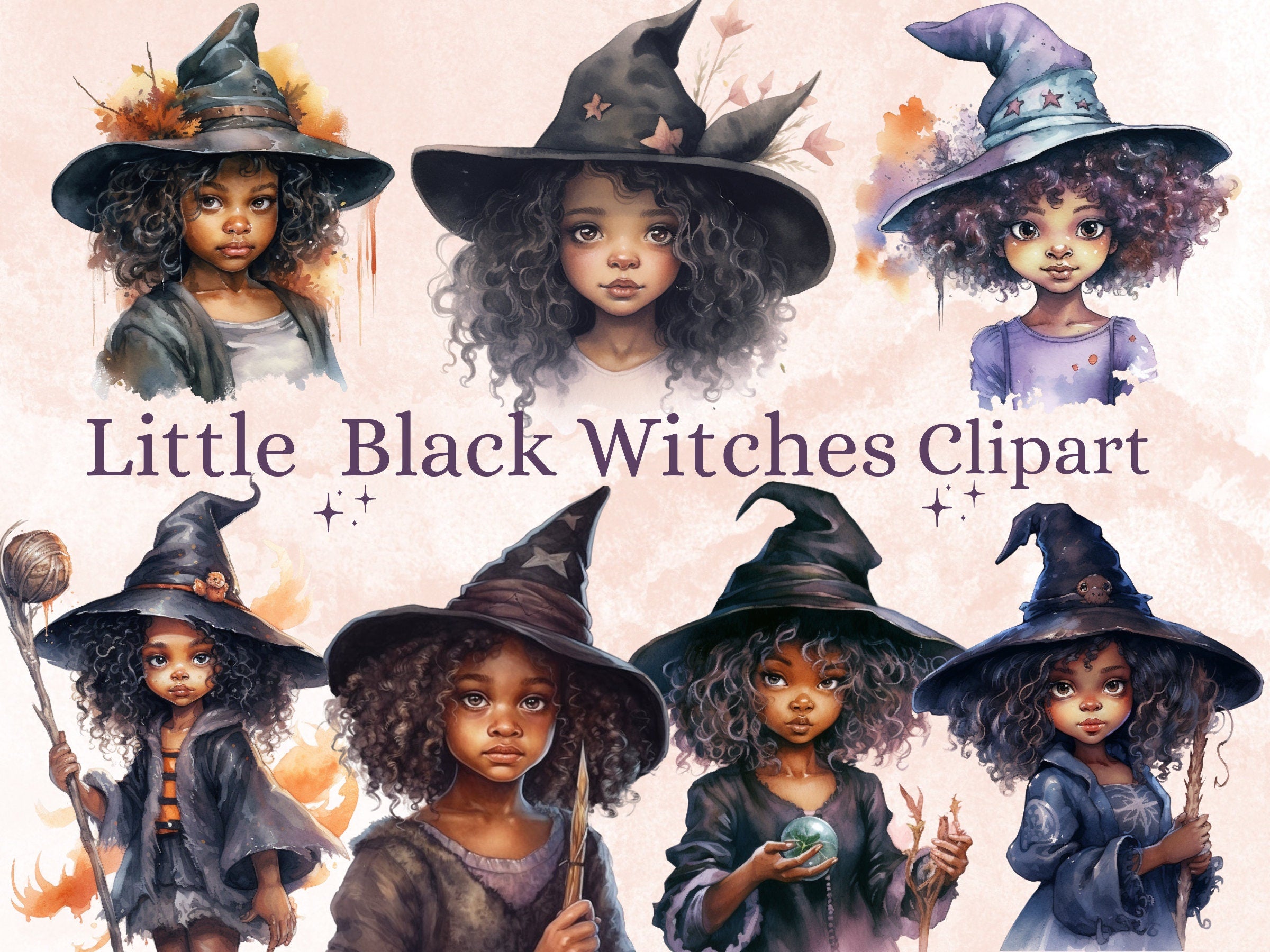 25 PNG Watercolor Little Black Girl Witches Clipart, Witchcraft Clip art, Afro witch clipart png, African American Melanin Black Kids PNG