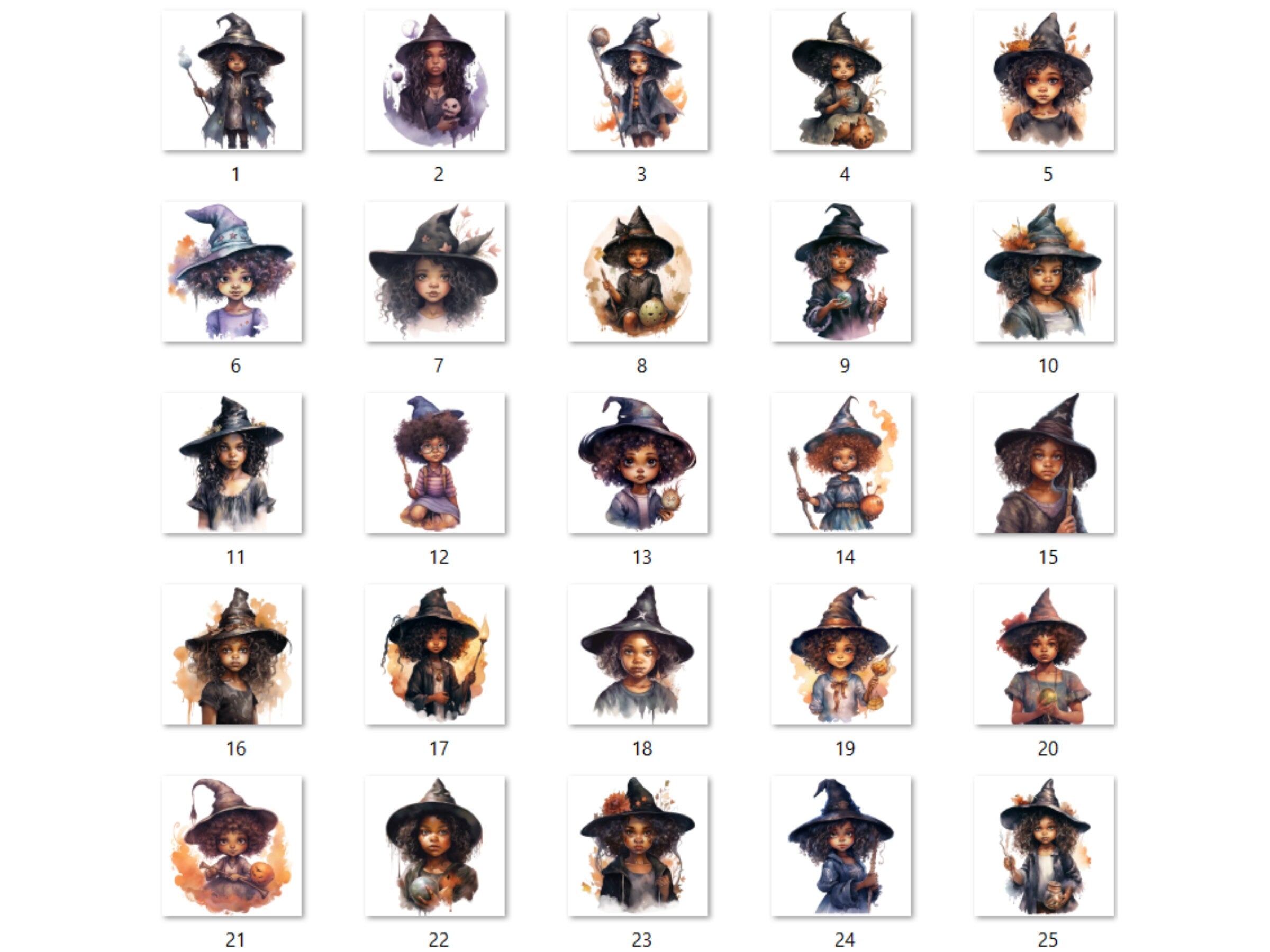25 PNG Watercolor Little Black Girl Witches Clipart, Witchcraft Clip art, Afro witch clipart png, African American Melanin Black Kids PNG