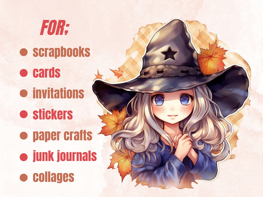 40 PNG Watercolor Kawaii Witch Clipart, Cute Witchcraft Clip art, witch clip art png, magic clip art, Fantasy Witch Bundle, witchcraft png