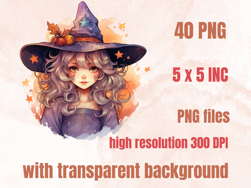 40 PNG Watercolor Kawaii Witch Clipart, Cute Witchcraft Clip art, witch clip art png, magic clip art, Fantasy Witch Bundle, witchcraft png