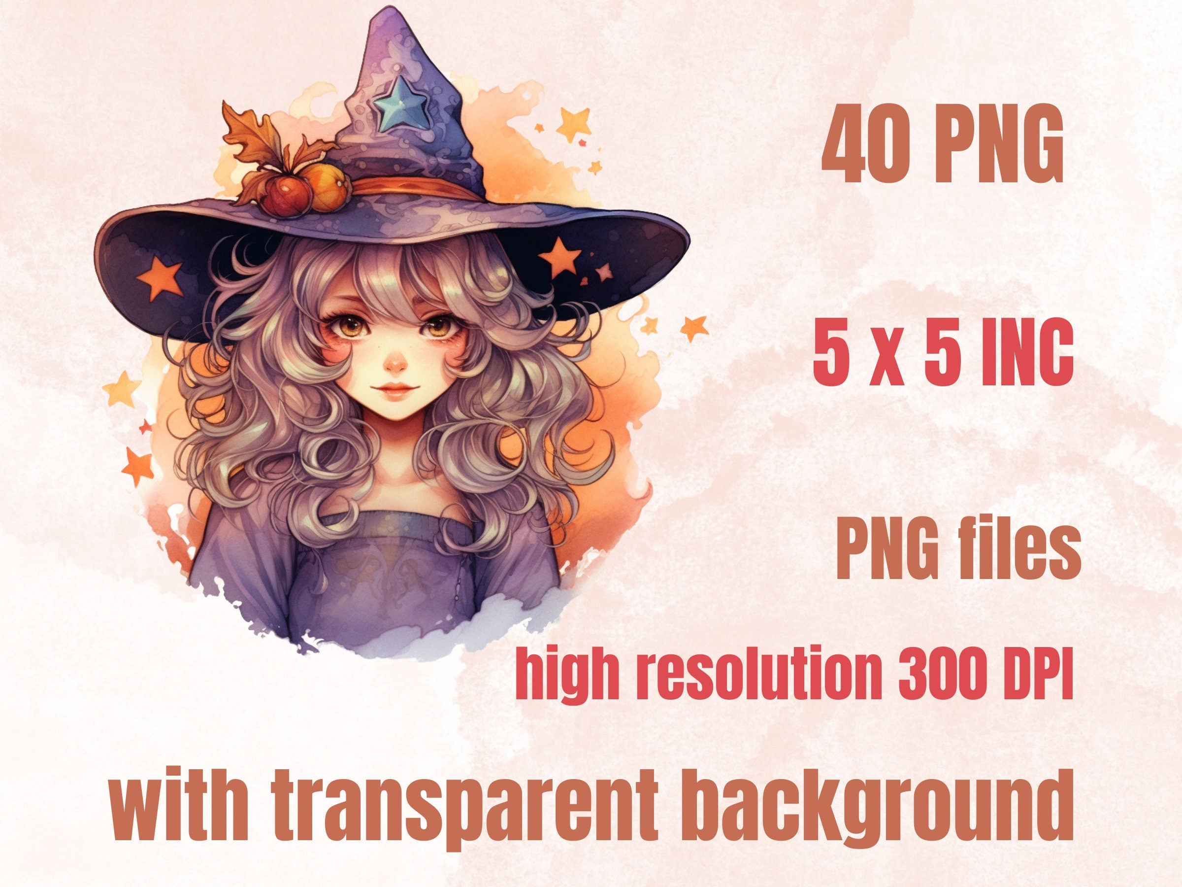 40 PNG Watercolor Kawaii Witch Clipart, Cute Witchcraft Clip art, witch clip art png, magic clip art, Fantasy Witch Bundle, witchcraft png
