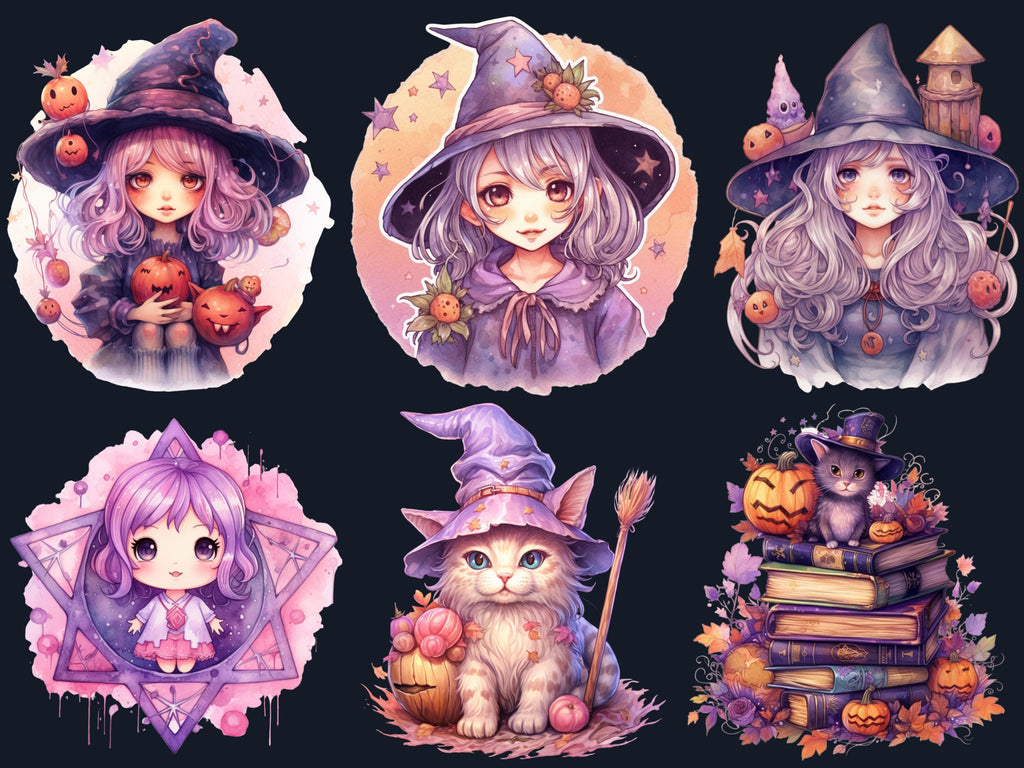 40 PNG Watercolor Kawaii Witch Clipart, Cute Witchcraft Clip art, witch clip art png, magic clip art, Fantasy Witch Bundle, witchcraft png