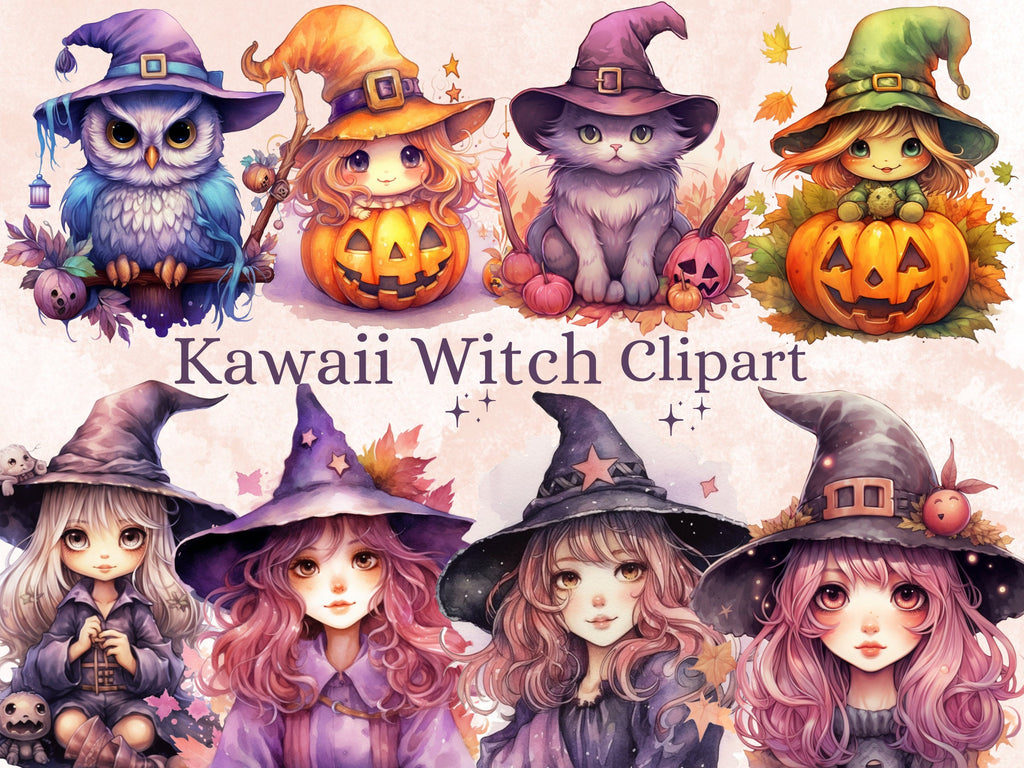 40 PNG Watercolor Kawaii Witch Clipart, Cute Witchcraft Clip art, witch clip art png, magic clip art, Fantasy Witch Bundle, witchcraft png
