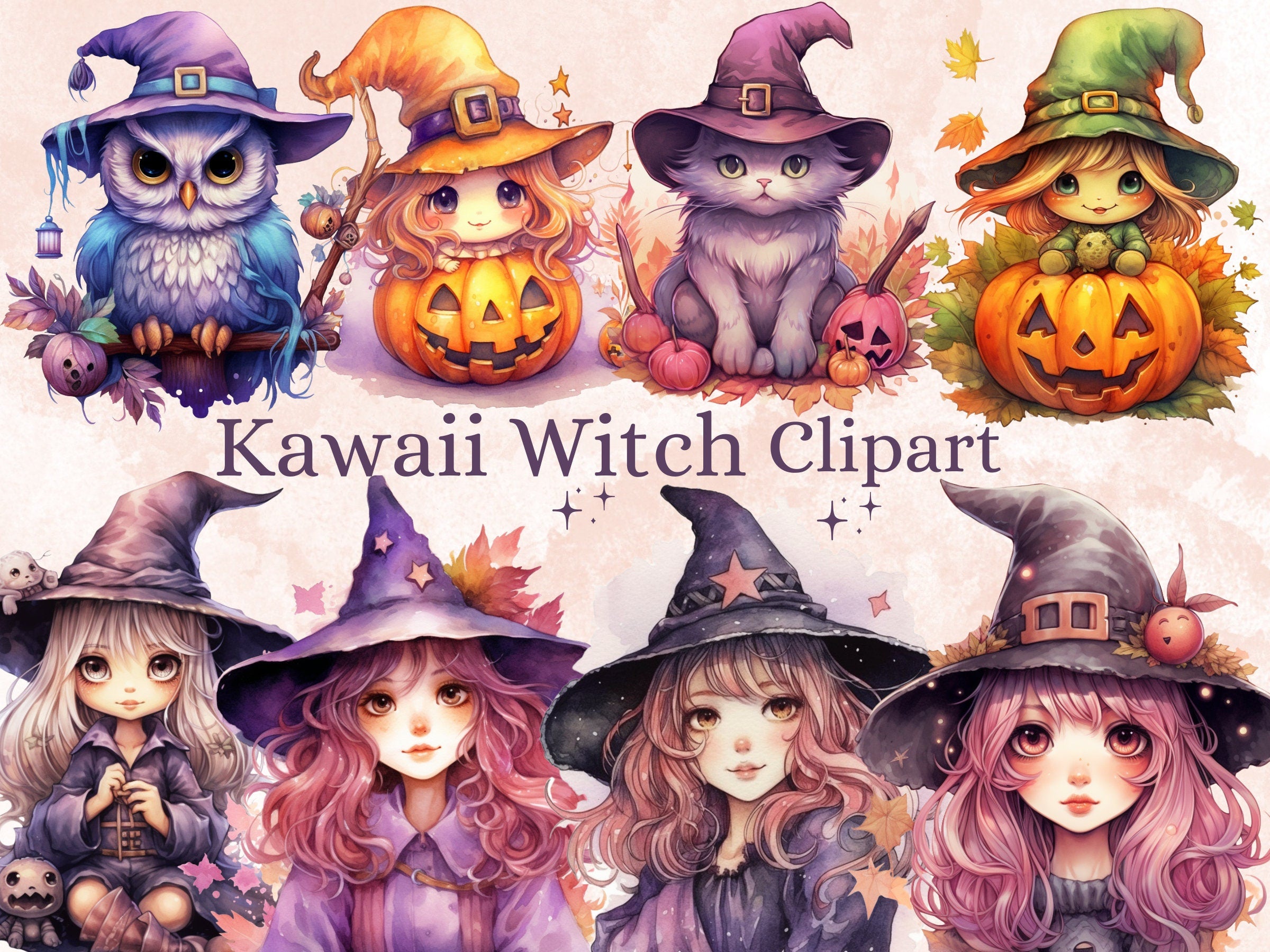 40 PNG Watercolor Kawaii Witch Clipart, Cute Witchcraft Clip art, witch clip art png, magic clip art, Fantasy Witch Bundle, witchcraft png